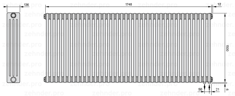 Схема (чертеж) Радиатор Zehnder Charleston 4150/38 №5510 Белый глянцевый RAL 9016